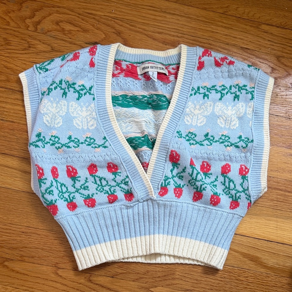 Urban Outfitters Light Blue Floral Knit Sweater Vest with Red and Green Accents